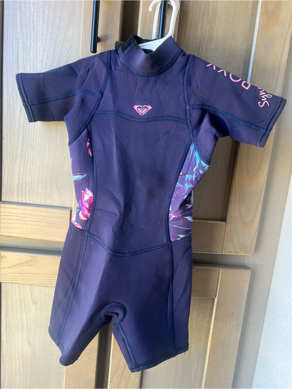 Roxy Girls' Short Sleeve Swim Suit in Deep Purple with Pink Logo